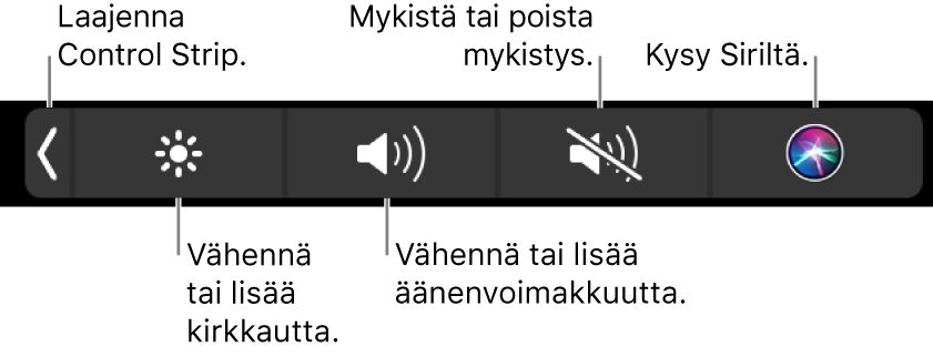 Pienennetyssä Control Stripissä on painikkeet, joilla voidaan (vasemmalta oikealle) laajentaa Control Strip, lisätä tai vähentää näytön kirkkautta ja äänenvoimakkuutta, mykistää tai poistaa mykistys sekä kysyä Siriltä.