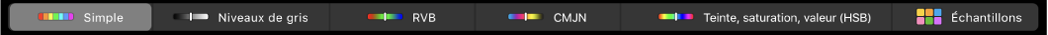 La Touch Bar affichant des modes colorimétriques, de gauche à droite : Simple, Niveaux de gris, RVB, CMJN et TSL. Le bouton Échantillons se trouve à l’extrémité droite.