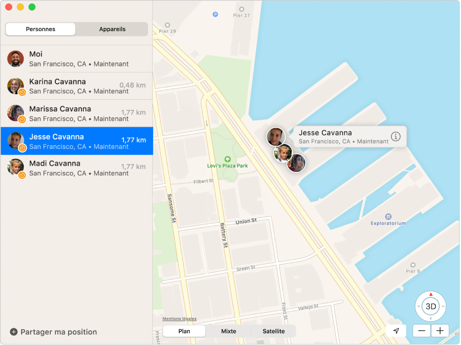 L’app Localiser affichant une liste des membres de la famille dans la barre latérale et leur position sur un plan à droite.