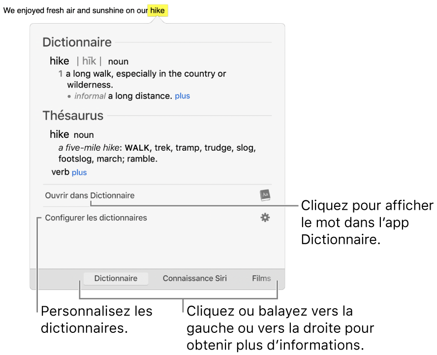 La fenêtre Rechercher affiche le dictionnaire et les définitions du thésaurus pour un mot.