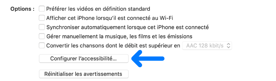 Les options de synchronisation s’affichent avec le bouton Configurer l’accessibilité identifiée.