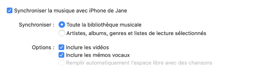 La case à cocher « Synchroniser la musique avec l’appareil » s’affiche avec des options supplémentaires pour synchroniser l’ensemble de votre bibliothèque ou uniquement les éléments sélectionnés, et inclure les vidéos et les mémos vocaux lors de la synchronisation.