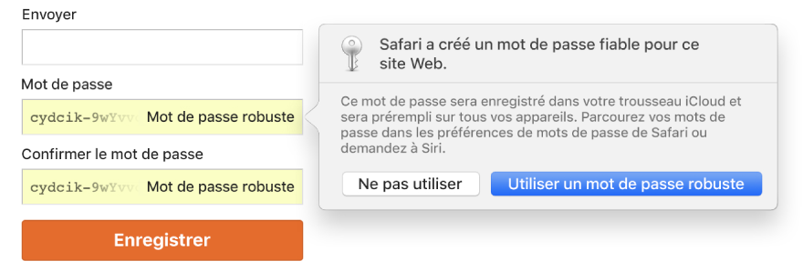 Une alerte Safari qui indique que Safari a créé un mot de passe fort pour un site Web et que celui-ci sera enregistré dans le trousseau iCloud.