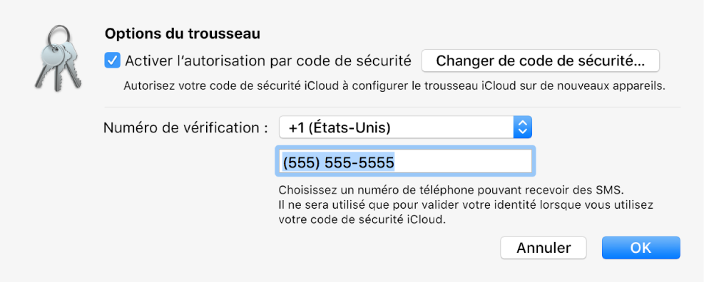 La zone de dialogue Options de Trousseau iCloud avec l’option sélectionnée pour autoriser l’approbation à l’aide du code de sécurité, le bouton permettant de modifier le code de sécurité et les champs pour changer le numéro de validation.