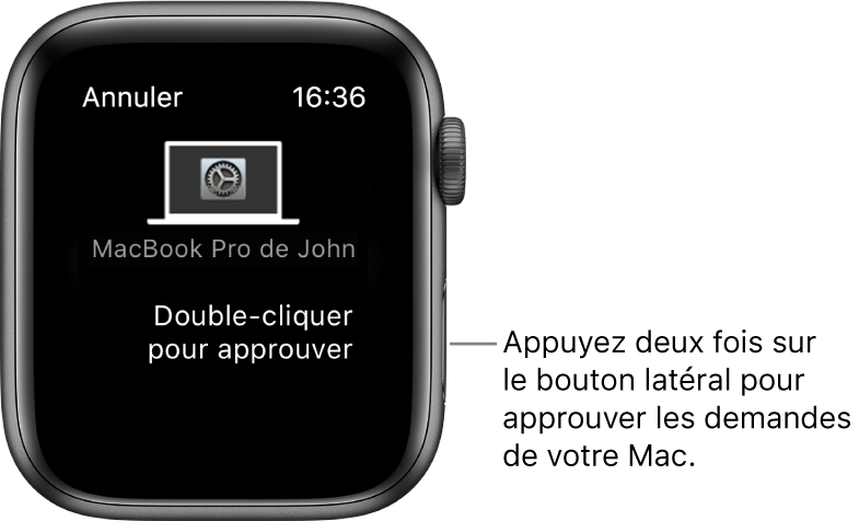 Apple Watch qui affiche une demande d’autorisation en provenance d’un MacBook Pro.