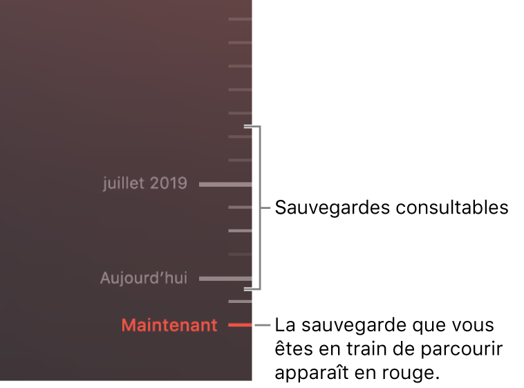 Graduations de la chronologie de sauvegarde. La graduation rouge indique la sauvegarde que vous consultez.