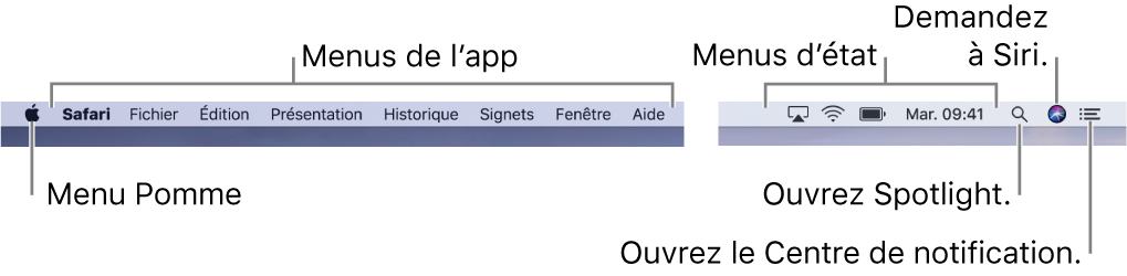 La barre des menus. Le menu Pomme et les menus d’app se trouvent à gauche. Les icônes des menus d’état, Spotlight, Siri et du Centre de notifications se trouvent à droite.