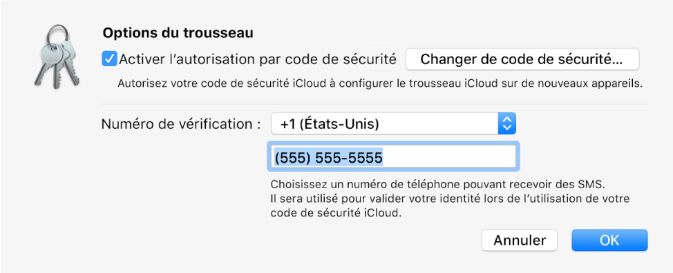 La zone de dialogue Options de Trousseau iCloud avec l’option sélectionnée pour autoriser l’approbation à l’aide du code de sécurité, le bouton permettant de modifier le code de sécurité et les champs pour changer le numéro de validation.