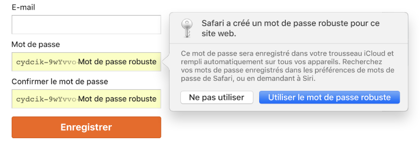 Une alerte Safari indiquant que Safari a créé un mot de passe robuste pour un site web et va l’enregistrer dans Trousseau iCloud.