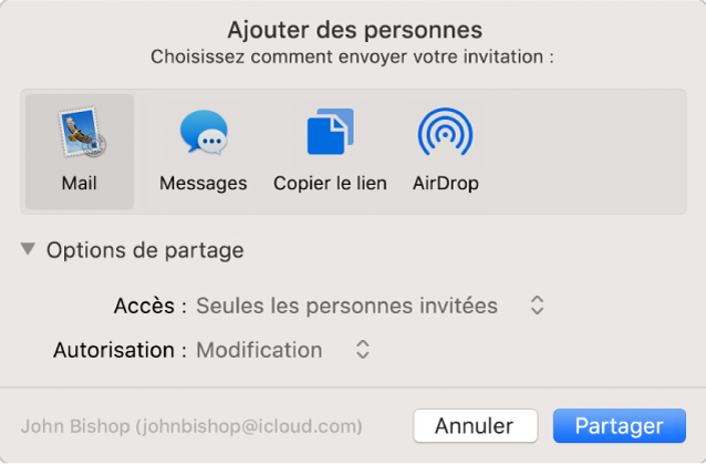 Fenêtre Ajouter des personnes affichant les apps que vous pouvez utiliser pour envoyer des invitations et les options de partage de documents.
