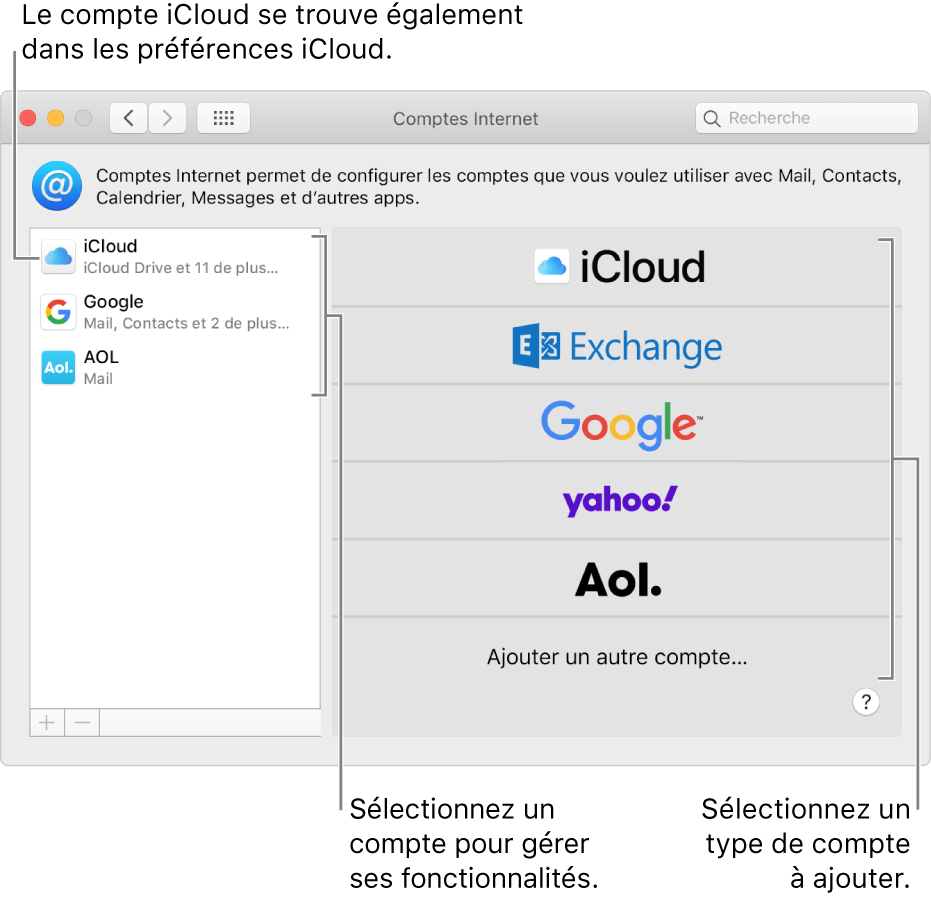 Les préférences Comptes Internet avec des comptes répertoriés à droite et les types de comptes disponibles à gauche.
