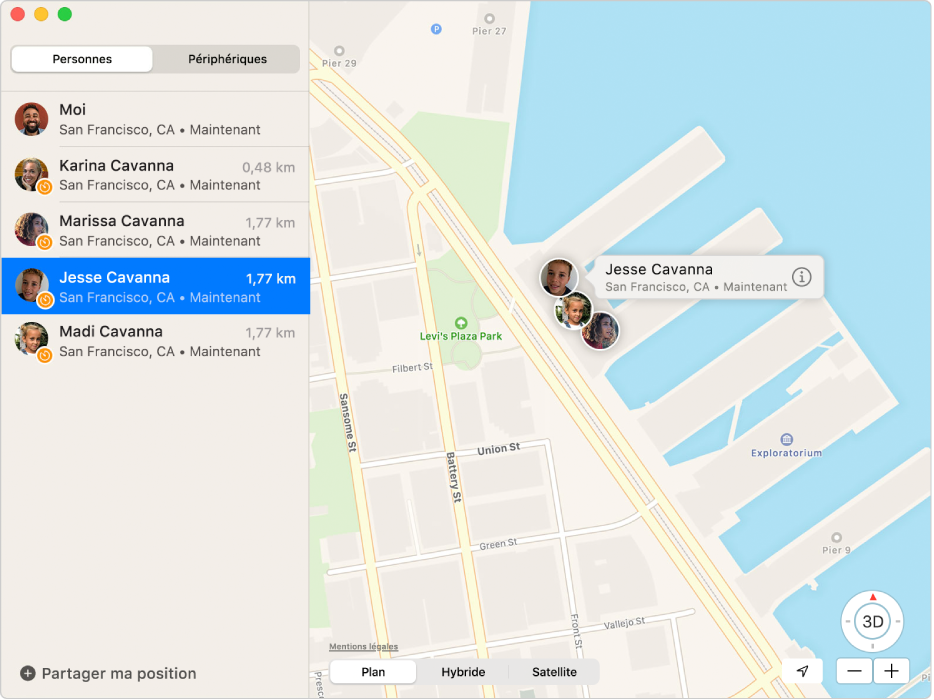 L’app Localiser affichant une liste des membres d’une famille dans la barre latérale et leurs positions sur une carte à droite.