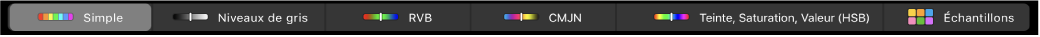 La Touch Bar affichant des modèles colorimétriques, de gauche à droite : Simple, Niveaux de gris, RVB, CMJN et TSL. Le bouton Échantillons se trouve à l’extrémité droite.