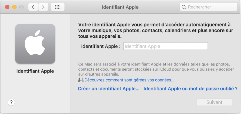 Zone de dialogue de connexion de l’identifiant Apple, dans laquelle vous pouvez saisir un identifiant Apple et le mot de passe correspondant.