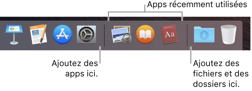 L’extrémité droite du Dock. Ajoutez des apps à gauche de la section des apps récemment utilisées et des dossiers à droite de cette section, du côté de la pile Téléchargements et de la corbeille.