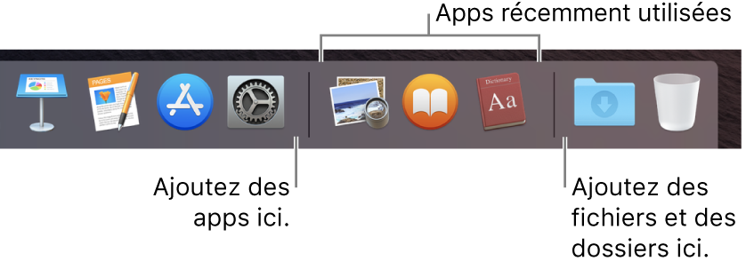 Une partie du Dock affichant les lignes séparant les apps, les apps récemment utilisées et les fichiers et dossiers.