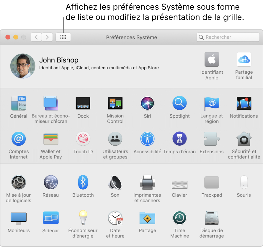 Grille d’icônes dans la fenêtre des Préférences Système. Cliquez sur le bouton Tout afficher dans la barre d’outils de la fenêtre pour afficher les préférences système sous forme de liste, ou pour changer l’aspect de la grille.