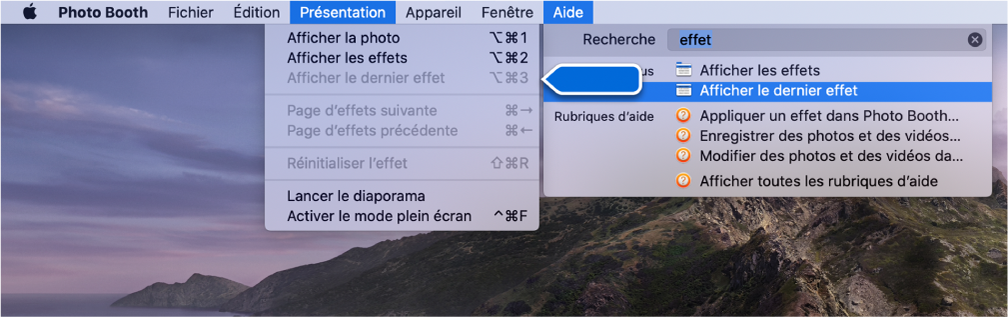 Le menu Aide de Photo Booth dispose des résultats de recherche pour un élément de menu sélectionné et une flèche placée sur l’élément dans les menus d’app.