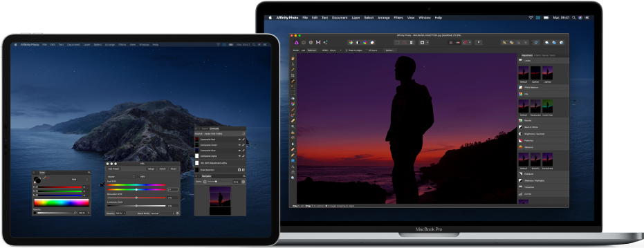 Un MacBook Pro à côté d’un iPad Pro. Le bureau du Mac affiche la fenêtre principale d’une app pour la retouche de photos, et l’iPad montre d’autres fenêtres ouvertes d’une app de retouches photos plus complexe.