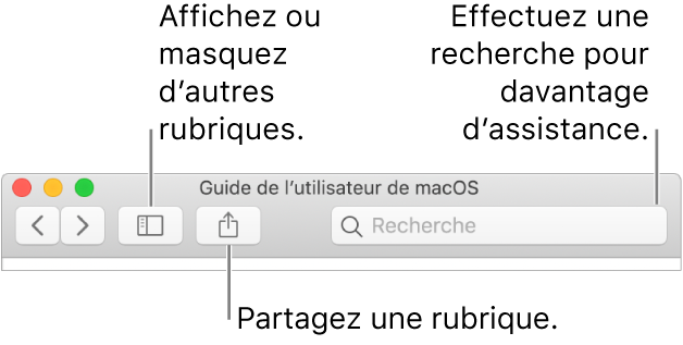 La fenêtre d’aide avec le bouton dans la barre d’outils qui permet de masquer ou d’afficher la table des matières, le bouton pour partager une rubrique et le champ de recherche qui permet de rechercher des rubriques.