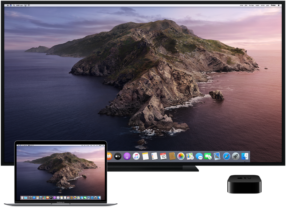 מכשירי Mac‏, HDTV ו-Apple TV מוגדרים עבור שיקוף AirPlay.