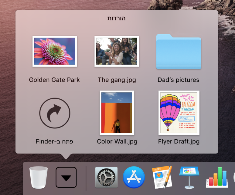 הערימה ״הורדות״ ב-Dock, פתוחה כאשר התוכן שלה מוצג בתצוגת רשת.