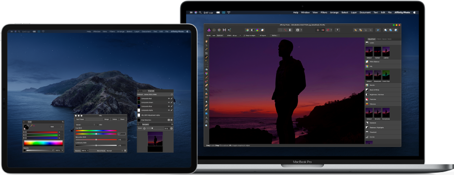 ‏MacBook Pro ליד iPad Pro. מכתבה של Mac, המציגה את החלון הראשי של יישום לעריכת תמונות, וה‑iPad מציג חלונות פתוחים נוספים מהיישום, לצורך ביצוע משימות מסובכות של עריכת תמונות.