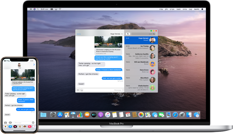 ‏iPhone המציג הודעת מלל, ולצדו Mac שההודעה מועברת אליו, וצלמית Handoff מוצגת בקצה הימני של ה-Dock.