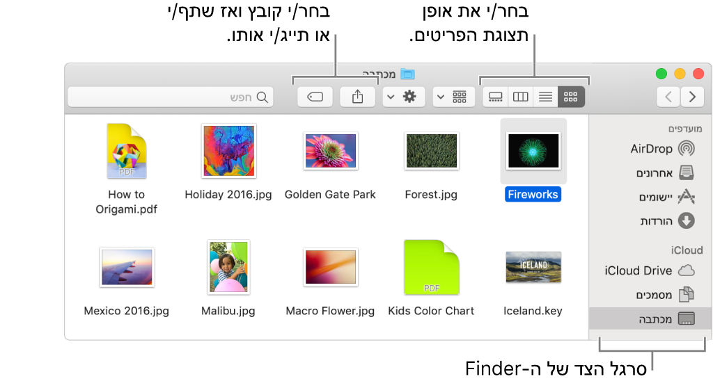 חלון Finder עם סרגל הצד של ה-Finder מימין. בחלק הימני העליון של החלון ישנם ארבעה כפתורים שניתן ללחוץ עליהם כדי לשנות את אופן התצוגה של פריטים בחלון ה-Finder. משמאל ישנם שני כפתורים לשיתוף ותיוג של קבצים נבחרים.