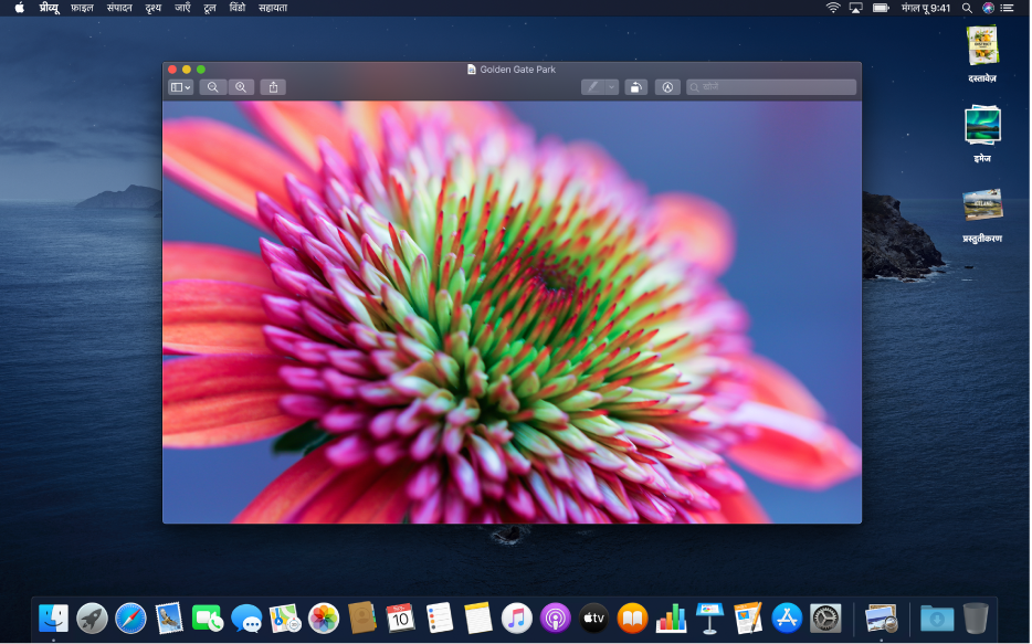 Mac डेस्कटॉप डार्क अपीयरेंस पर सेट होता है, जो एक ऐप विंडो, Dock और मेनू बार दिखाता है, जो डार्क होते हैं।
