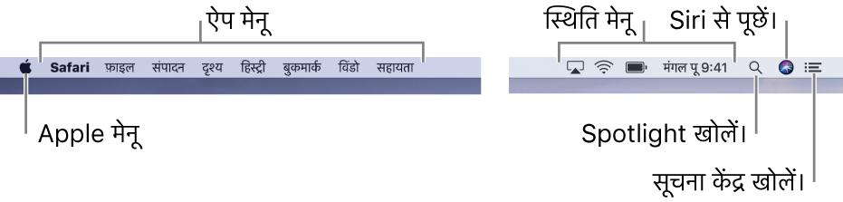 मेनू बार। बाएँ ओर Apple मेनू और ऐप मेनू हैं। दाईं ओर स्थित स्थिति मेनू और Spotlight, Siri और सूचना केंद्र आइकॉन हैं I