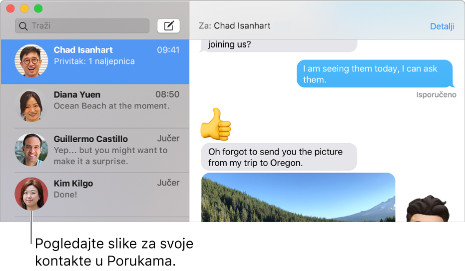 Rubni stupac aplikacije Poruke s prikazom slika osoba pokraj njihovih imena.