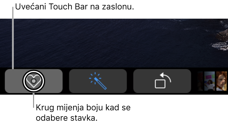 Zumirani Touch Bar duž dna zaslona; krug preko tipke mijenja se kada je tipka odabrana.