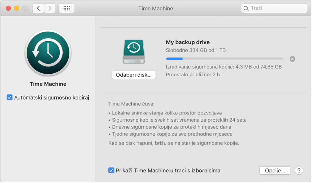 Time Machine postavke s prikazom statusa napretka izrade sigurnosne kopije na vanjski disk.