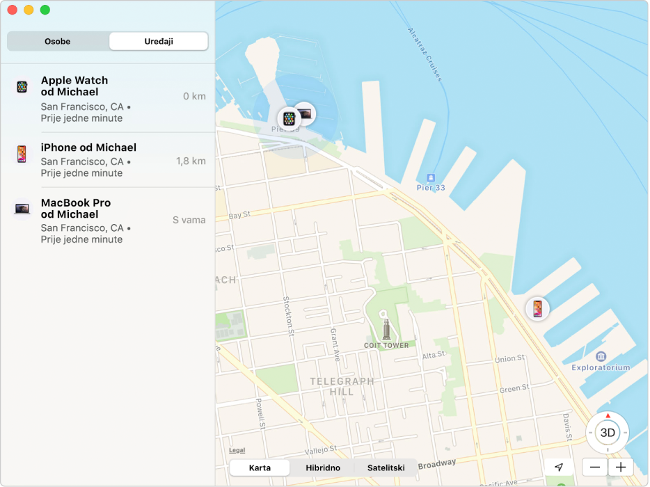 Aplikacija Pronalaženje s prikazom popisa uređaja u rubnom stupcu i njihovim lokacijama na karti s desne strane.