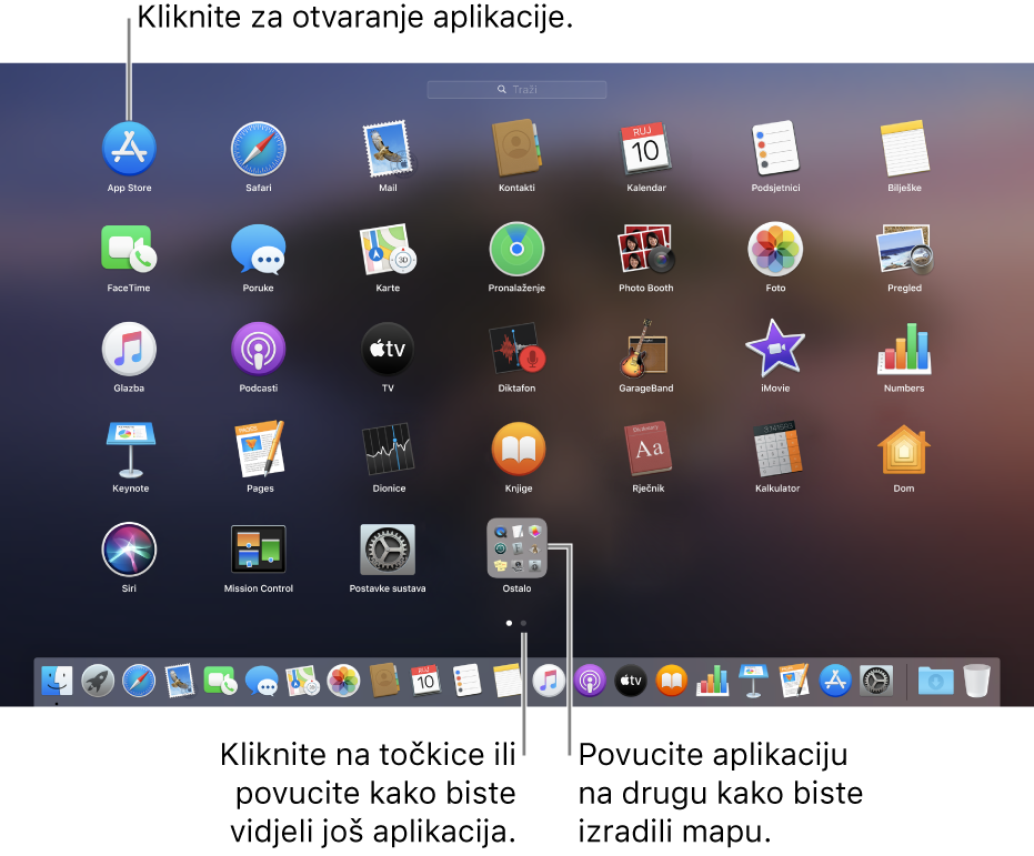 Launchpad prikazuje aplikacije koje možete otvoriti.
