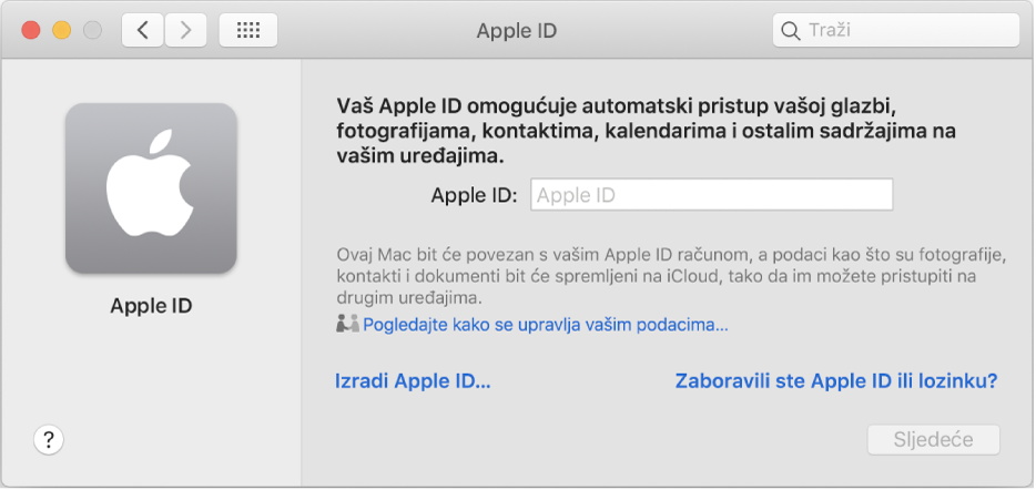 Prijava u Apple ID u dijaloškom okviru spremna za unos imena i lozinke za Apple ID.