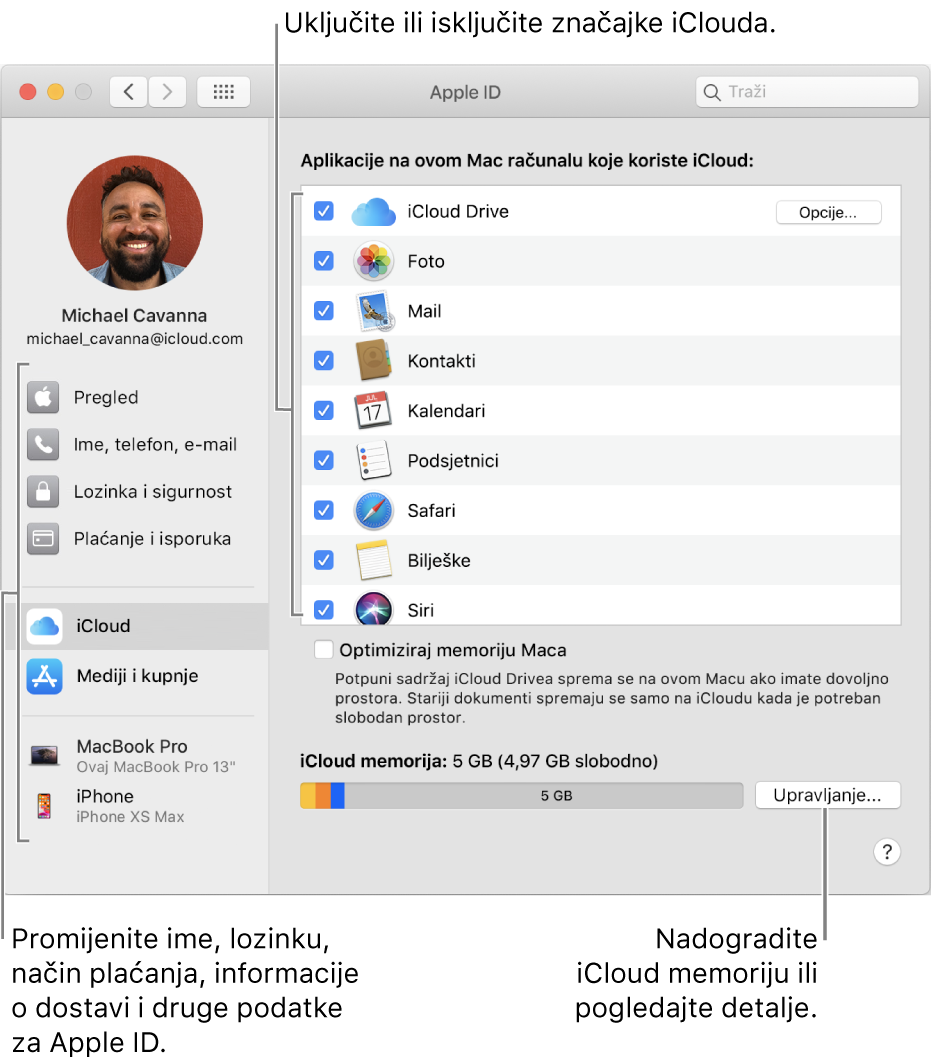 iCloud postavke sa označenim svim značajkama.