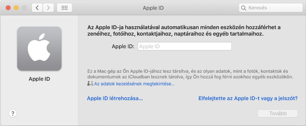 Az Apple ID bejelentkezési párbeszédablak, az Apple ID-hoz tartozó név és jelszó megadására készen.