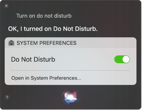 A Siri ablaka, a feladat végrehajtására vonatkozó kérelemmel: „Turn on do not disturb.”