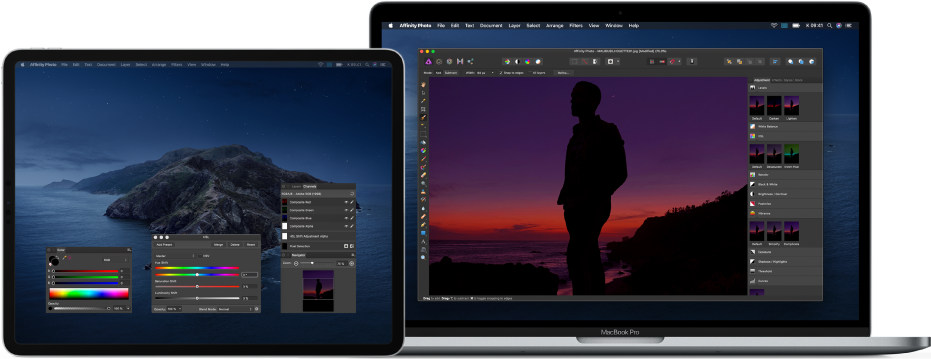 Egy Mac gép, amelynek az asztalán egy fotók szerkesztésére használatos alkalmazás fő ablaka látható. A gép mellett egy iPad látható, amelyben az alkalmazás további megnyitott ablakai láthatók bonyolultabb fotószerkesztési feladatokra szolgáló eszközökkel.