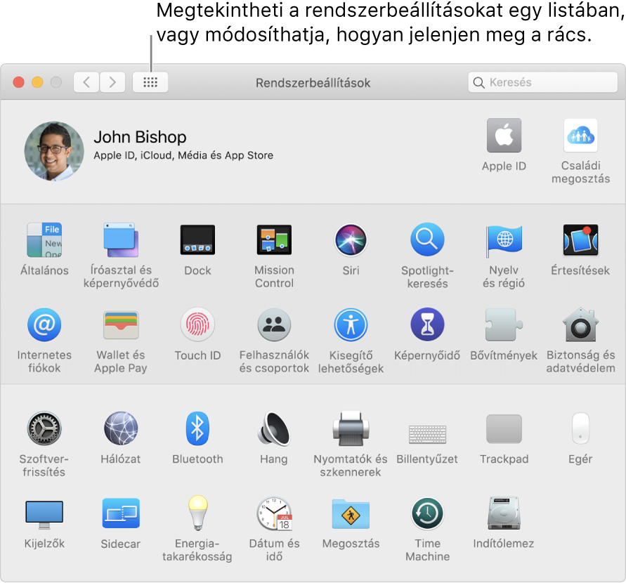 A Rendszerbeállítások ablak az ikonok rácsát megjelenítve. Az ablak eszköztárán kattintson Az összes megjelenítése gombra a rendszerbeállítások listában történő megjelenítéséhez vagy a lista megjelenésének módosításához.