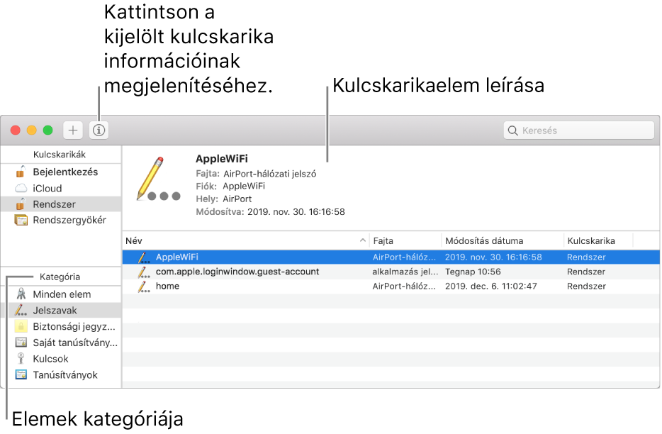 A Kulcskarika-elérés ablak fő területei: a kategóriák listája, a kulcskarika-elemek listája és a kulcskarika-elemek leírása.