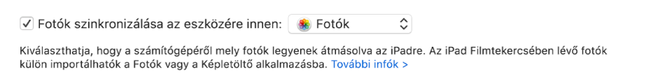 A „Fotók szinkronizálása az eszközére innen” jelölőmező megjelenik, a felugró menüben a „Fotók” elem van kiválasztva.