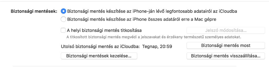 Megjelennek az eszközről készített biztonsági másolatra vonatkozó beállítások; két gombon kiválasztható, hogy a biztonsági másolat az iCloudba vagy a Mac gépre készüljön; látható „A helyi biztonsági mentés titkosítása” jelölőnégyzet, amellyel titkosítható a biztonsági másolat, valamint további gombok a biztonsági másolatok kezelésére, a biztonsági másolatból történő helyreállításra és a biztonsági másolat elindítására.