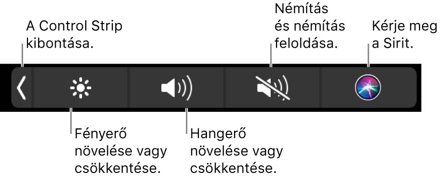 A visszazárt Control Strip gombokat tartalmaz, amelyek (balról jobbra) a következők: a Control Strip kibontása, a képernyő fényerejének és a hangerőnek a növelése és csökkentése, a némítás, a némítás feloldása, valamint a Siri megkérdezése.