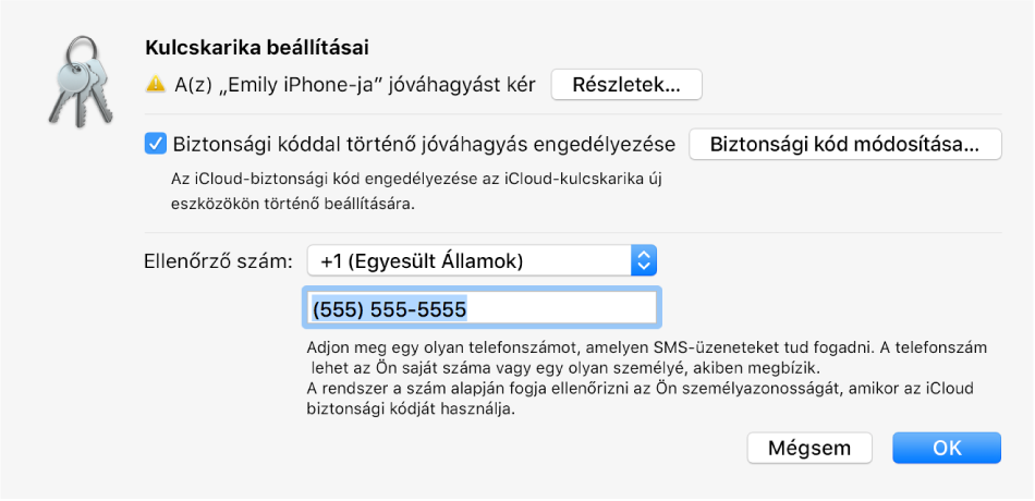 Az iCloud-kulcskarika párbeszédablaka a jóváhagyást kérő eszköz nevével és a mellette látható Részletek gomb.