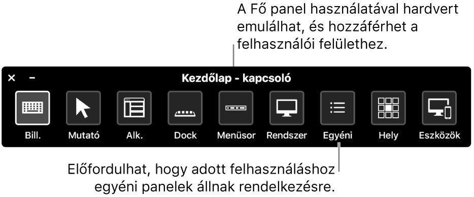 A Kapcsolóvezérlés Főoldal paneljén található gombok az alábbi elemek irányítását teszi lehetővé, balról jobbra: billentyűzet, mutató, alkalmazás, Dock, menüsor, rendszervezérlők, egyéni panelek, képernyő elhelyezkedés és egyéb eszközök.