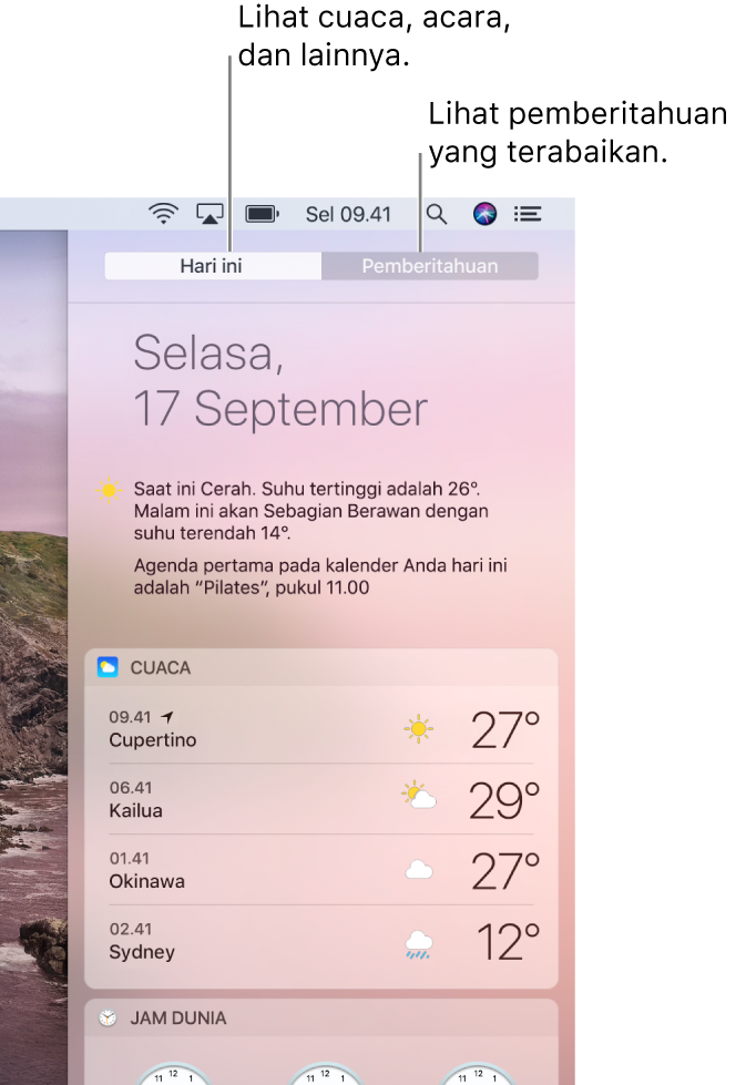 Tampilan Hari Ini menampilkan di tiga lokasi. Klik tab Pemberitahuan untuk melihat pemberitahuan yang terabaikan.