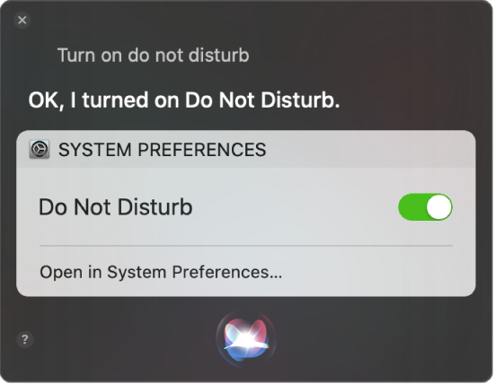 Jendela Siri menampilkan permintaan untuk menyelesaikan tugas, “Turn on do not disturb.”